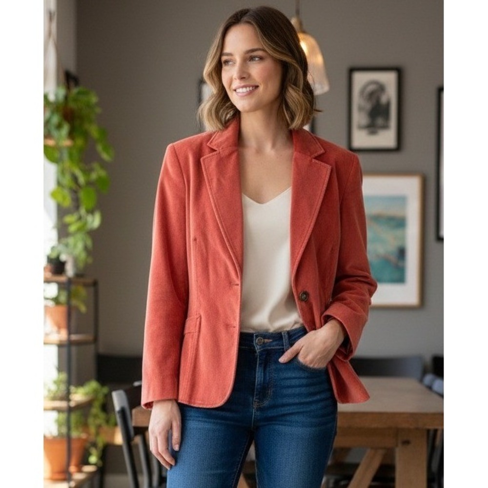Talbots Petites Velvet Blazer Jacket Women's 12 Coral Cotton Silk‎ Blend Office